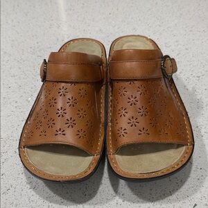 Alegria Tan Leather Slip-On Clogs with Buckle